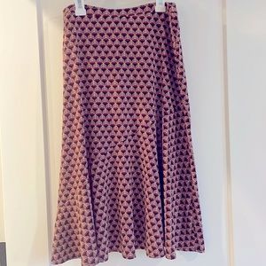 East 5th midi skirt in red brown cream pattern flounce hem flowy